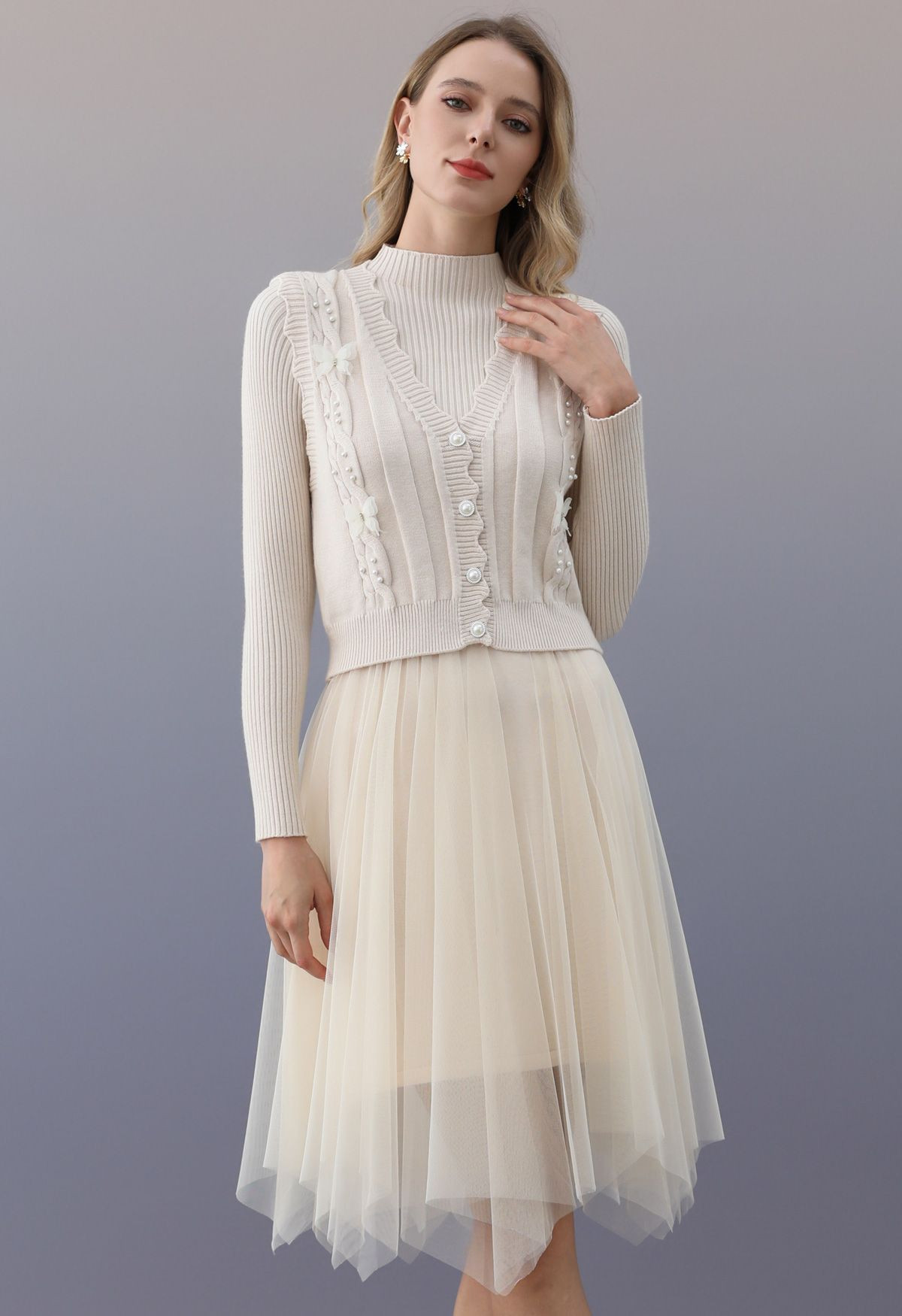 3D Butterfly Knit Vest and Tulle Spliced Midi Dress Set in Ivory | Chicwish