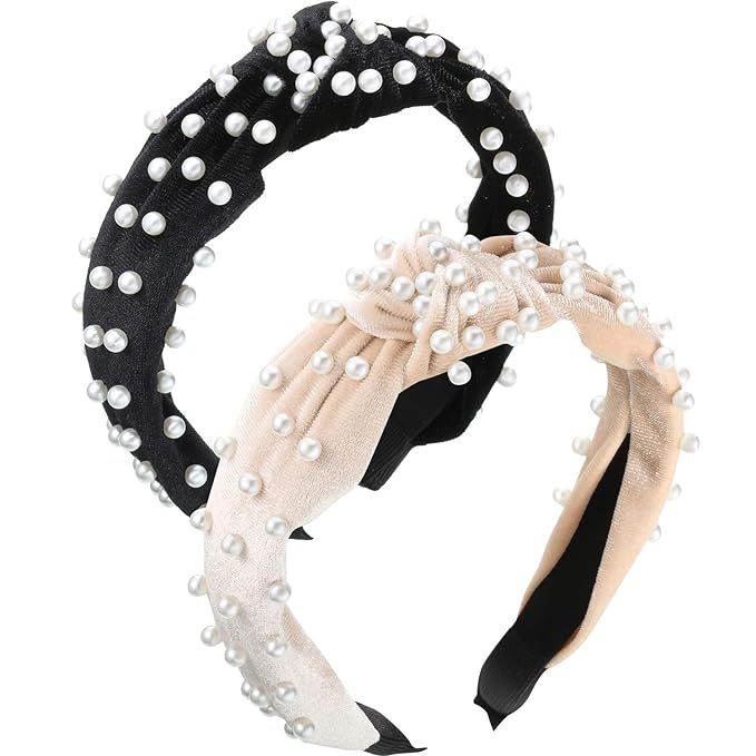 2 Pieces Pearls Headband Wide Hair Hoop Velvet Vintage Twisted Headwear for Girl Woman Hair Acces... | Amazon (US)