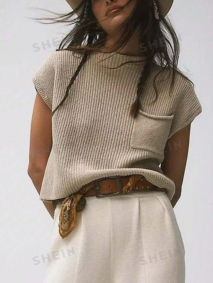 SHEIN Essnce Women Solid Color Batwing Sleeve Patchwork Pocket Knit Top | SHEIN