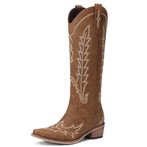 Rivalran Brown Cowboy Boots for Women - Wide Calf Knee High Embroidered Western Cowgirl Boots, Pointed Toe Chunky Heel Retro Country Boots, Pull On Zipper Vintage Fashion Tall Boots for Girls Ladies | Amazon (US)
