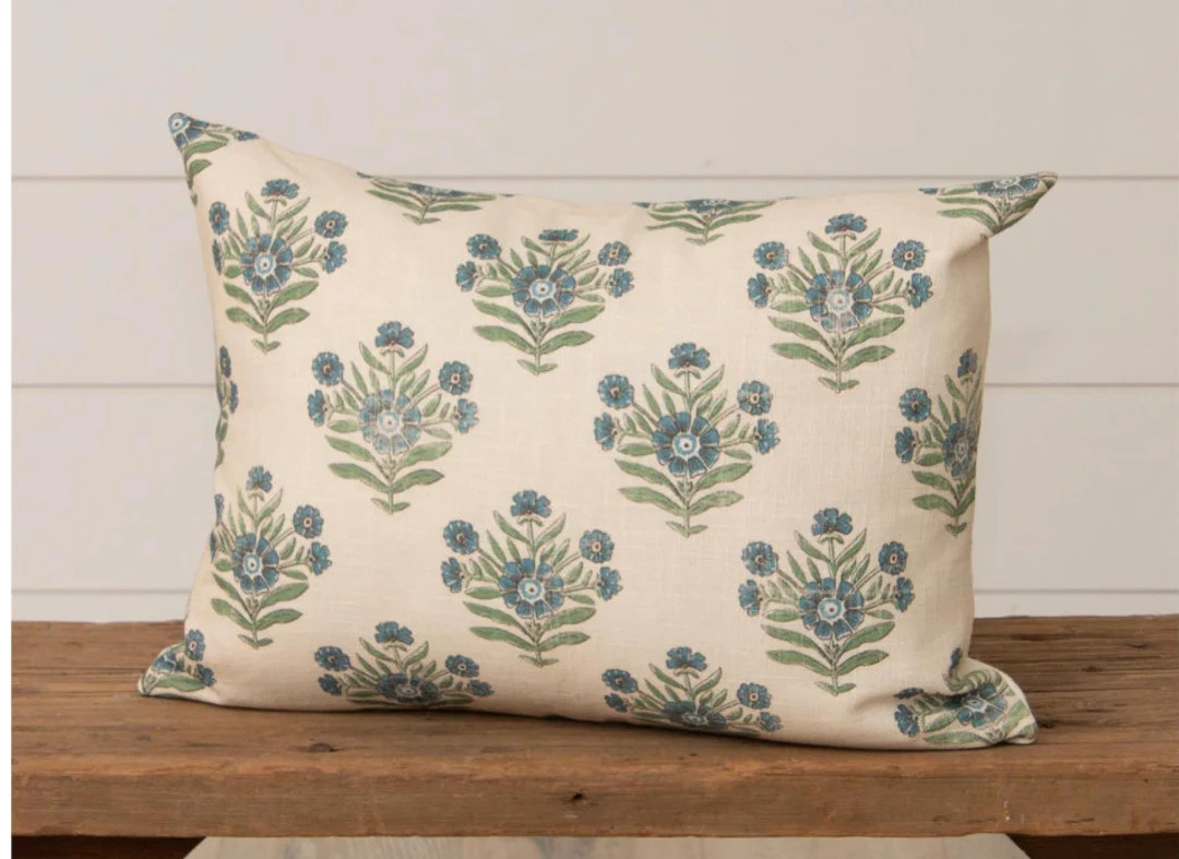 Floral Mughal Medallions Blue Plaid Check Indian Block Print Throw Runner Pillows english Bungalo... | Etsy (US)