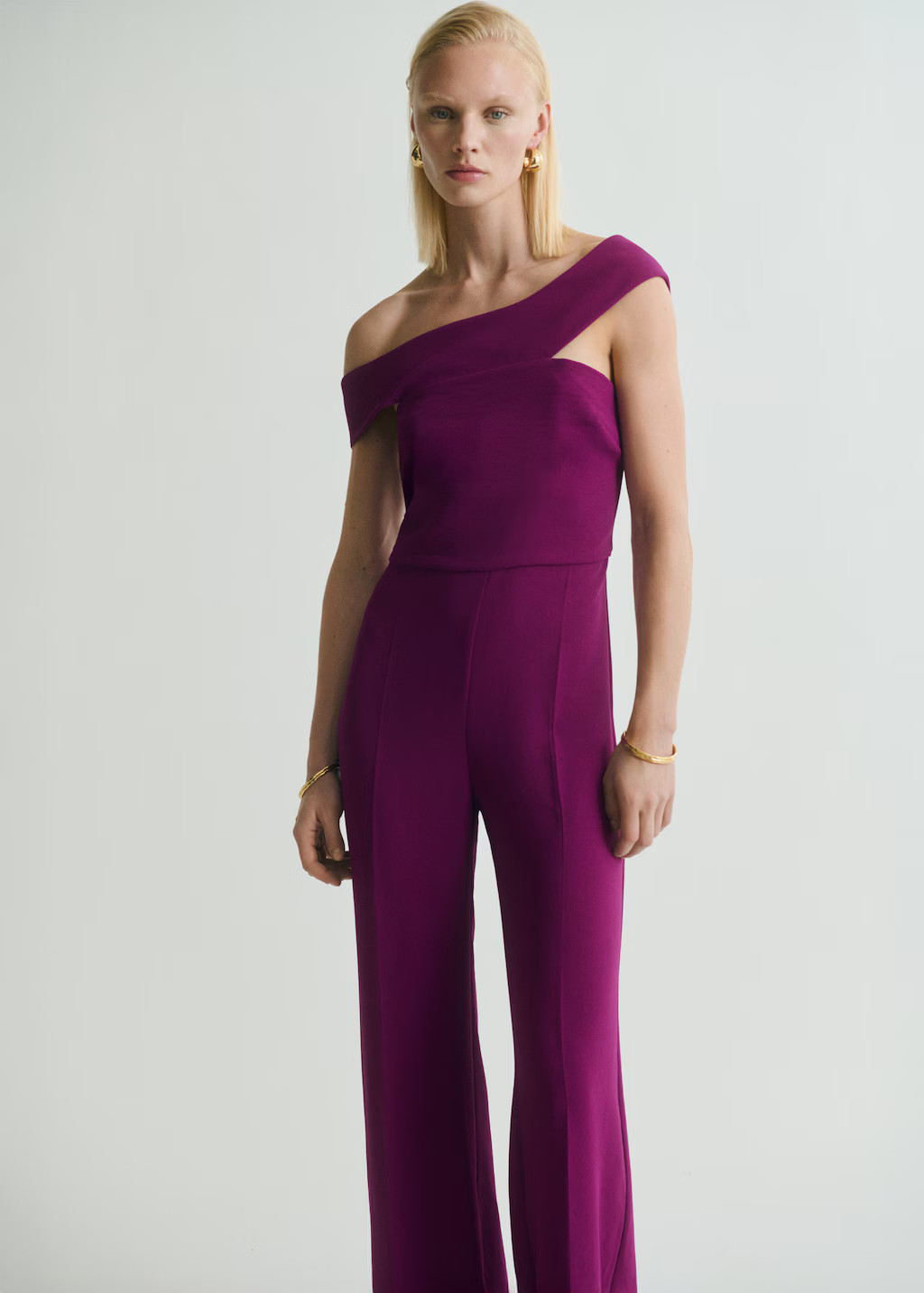 Long jumpsuit with asymmetrical neck - Women | MANGO United Kingdom | MANGO (UK)