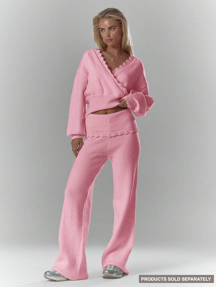 MUSERA Rib Knit Crochet Detail Foldover Waistband Wide Leg Trousers Bottom Only Fall Autumn Cosy Cute Casual Coffee Club Chic Valentines | SHEIN