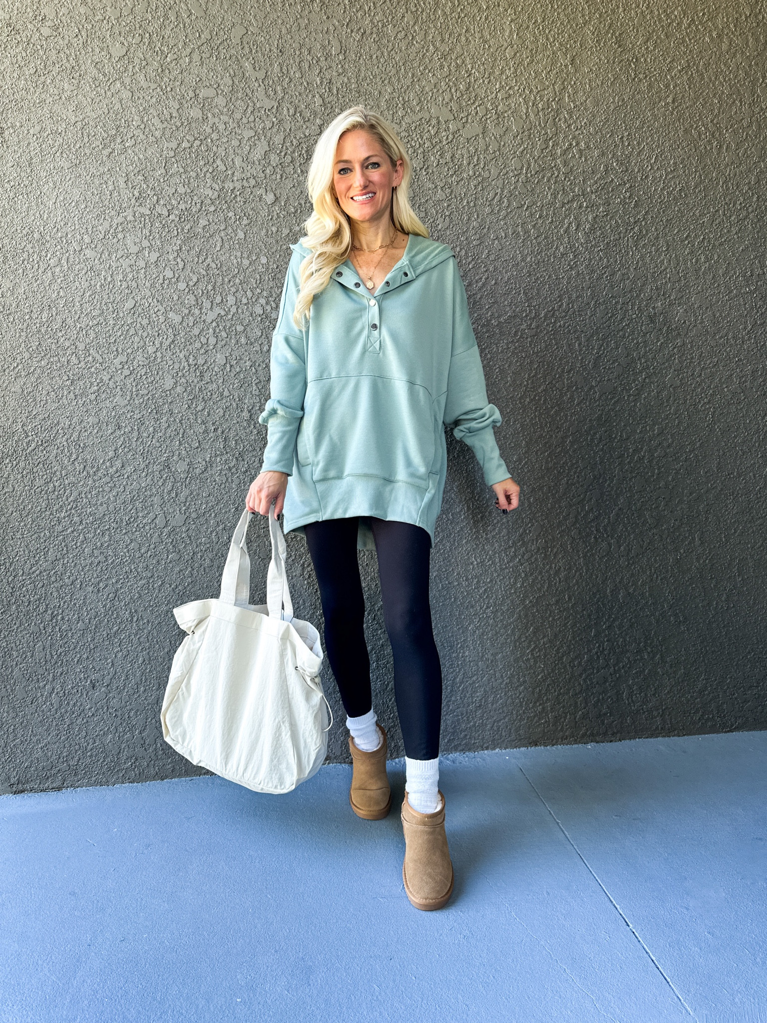 Amazon casual outfit idea. Oversized hoodie is soft material with front pocket. Snap closure and comes in lots of colors. Booties are warm and an Ugg dupe, Tote comes in lots of colors. 

#LTKstyletip #LTKfindsunder50
