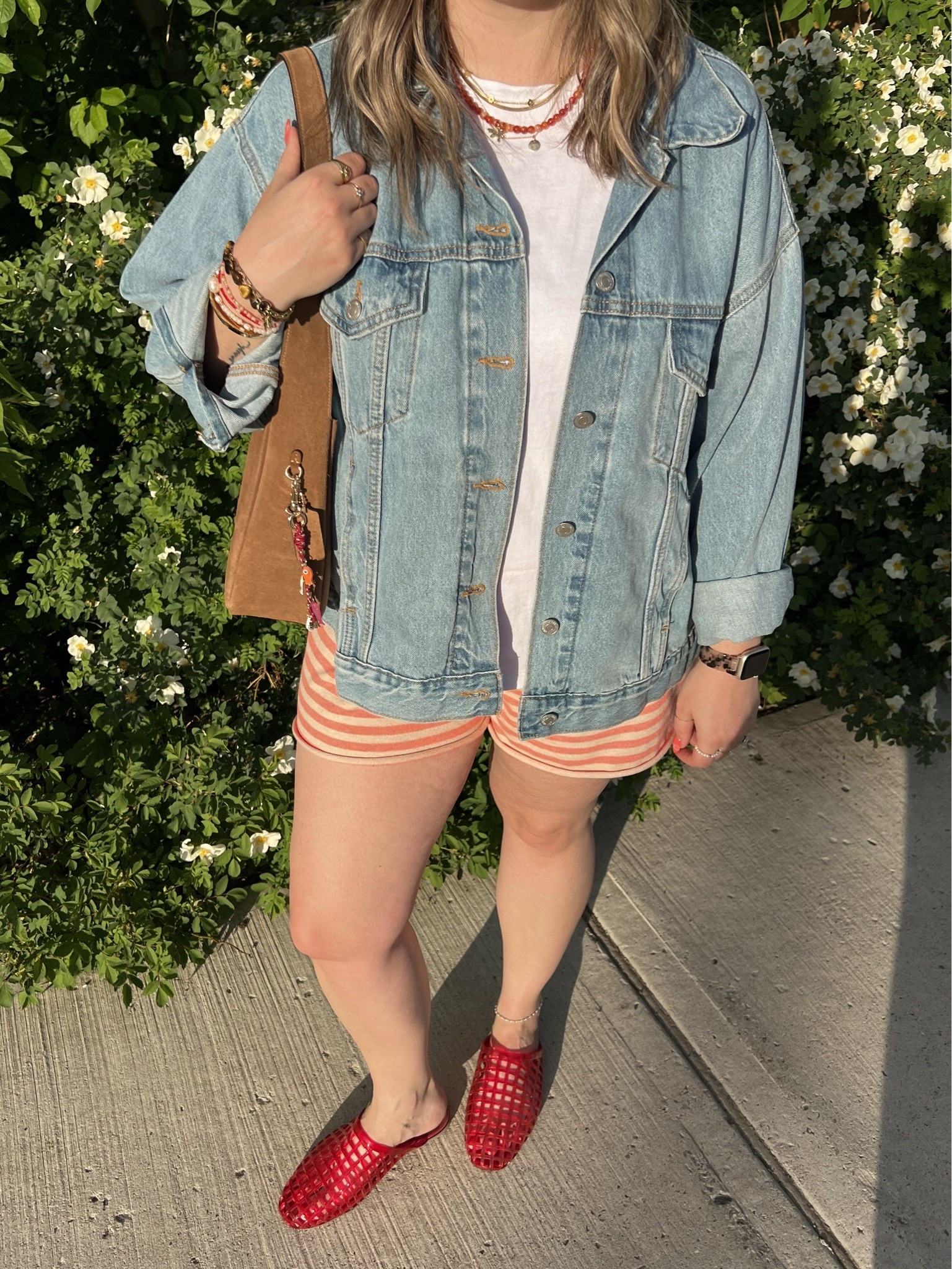 Comfy spring to summer outfit! Wearing my usual L in the striped knit shorts. Sized up to XL in the denim jacket for an oversized fit. Linked similar white tees. Jelly shoes are quite comfy, I’m a 9.5-10 and wear a 10. Canadian shoe link under “similar products”

#LTKsummer #LTKmidsize #LTKstyletip