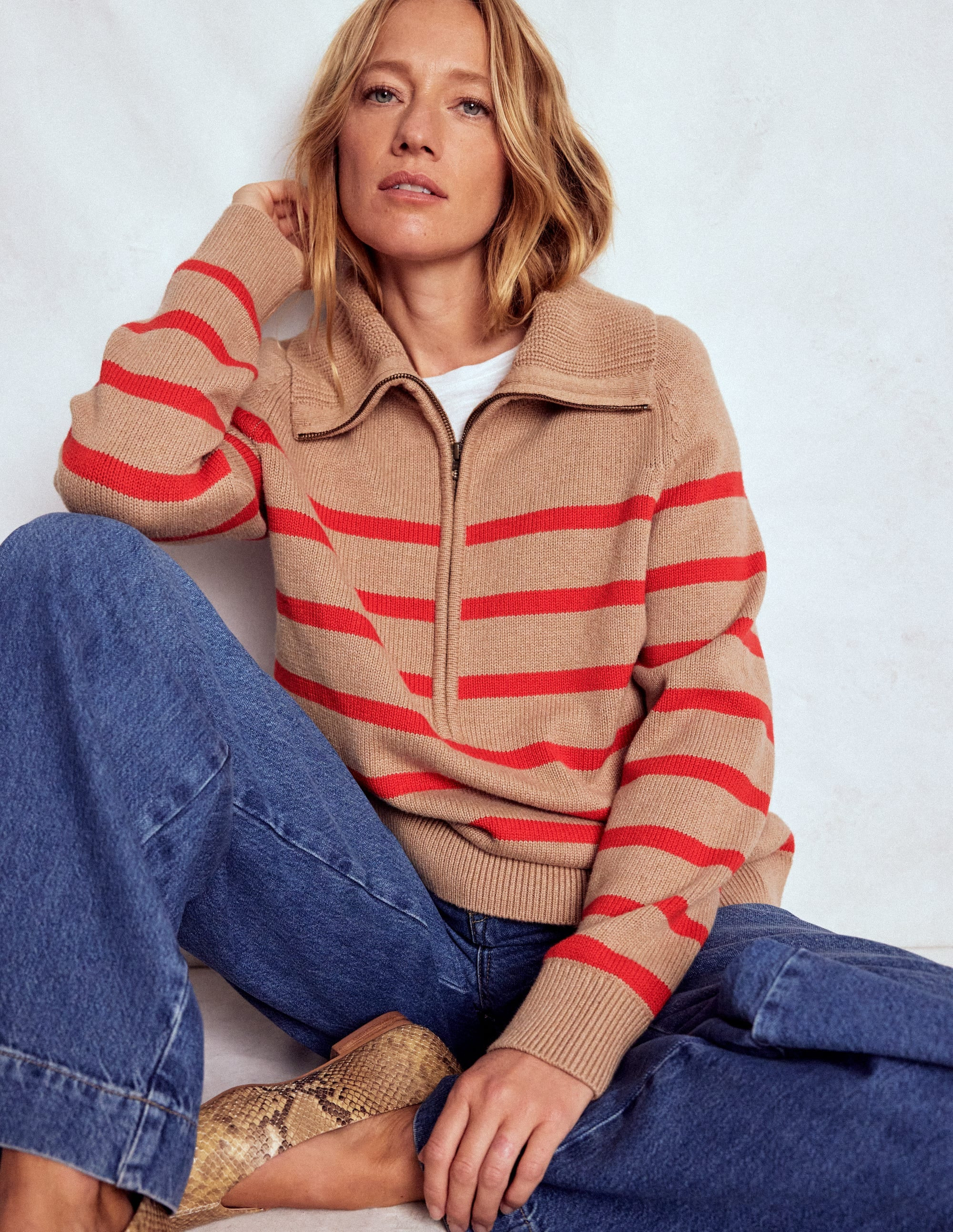 Lucy Half-zip Sweater-Camel Melange, Red Stripe | Boden (US)