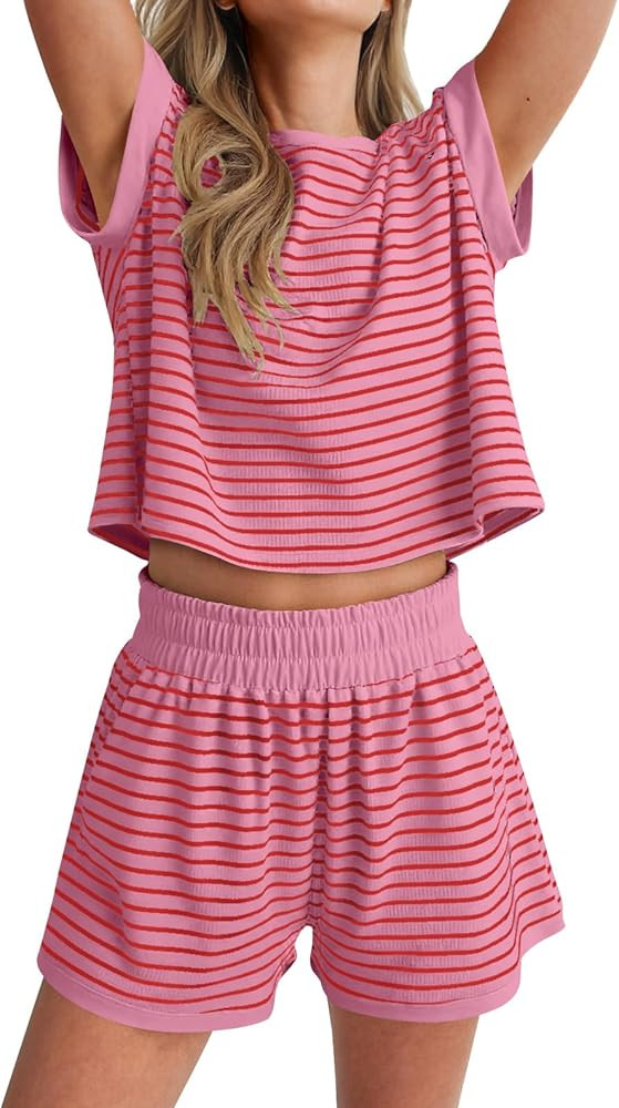 ANRABESS Women 2 Piece Pajama Lounge Sets Stripe Knit Cap Sleeve Tee Shirts Shorts 2026 Casual Su... | Amazon (US)
