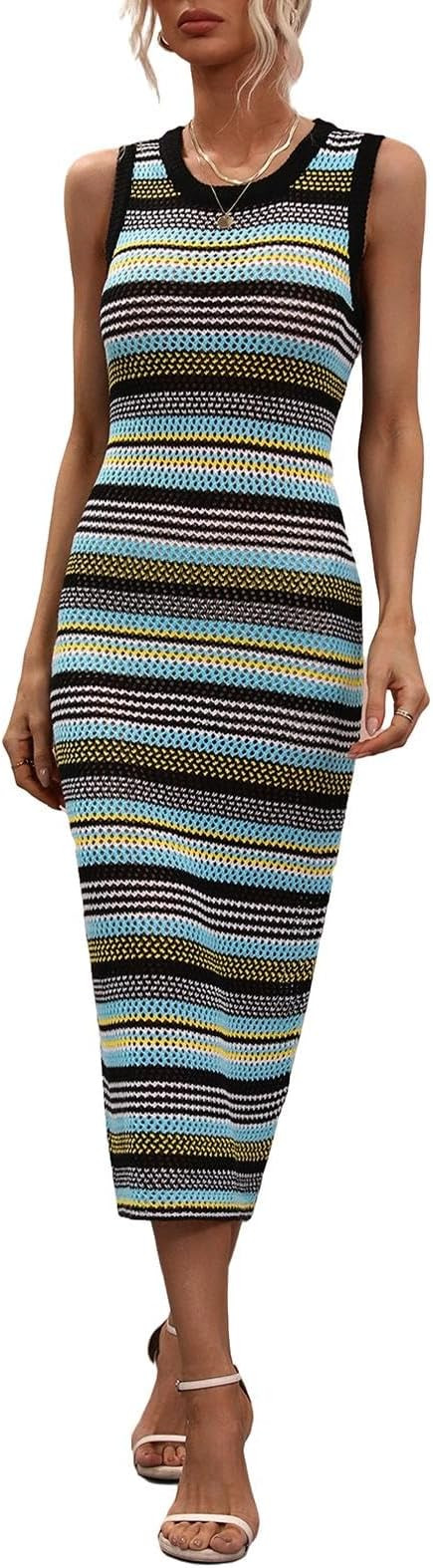 Womens Sexy Rainbow Striped Long Sleeve Loose Crochet Striped Hollow Out Mini Casual Sweater Dres... | Amazon (US)