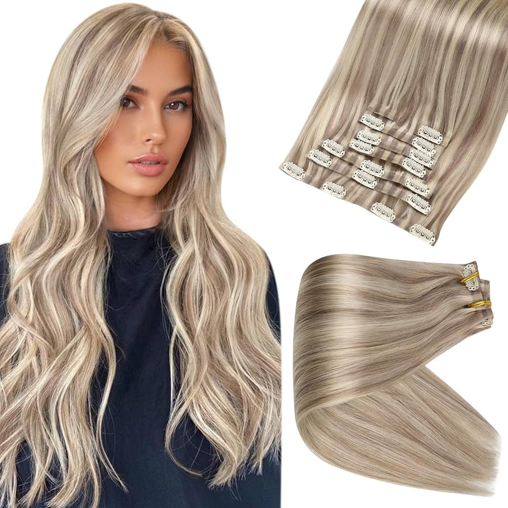 Full Shine Hair Extensions Real Human Hair Clip ins Blonde Highlight Seamless Clip in Human Hair ... | Amazon (US)