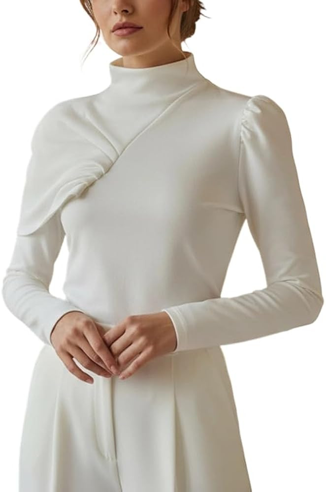 UOOZEE Women's Elegant Long Sleeve Turtleneck Top Slim Fit Asymmetric Draped Formal Casual Shirts... | Amazon (US)