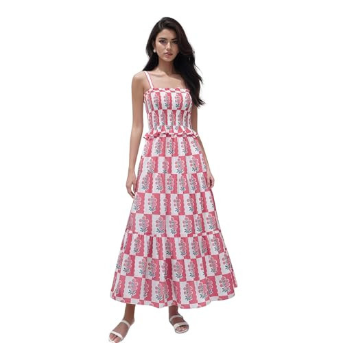 Hopiumy Women Summer Flowy Smocked Maxi Dress Sleeveless Spaghetti Strap Long Floral Dress Y2k Boho Beach Sundress (Pink Floral-A, S) | Amazon (US)