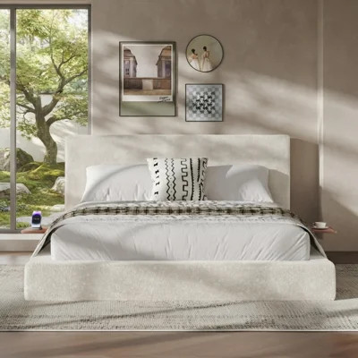 Modern Cream Queen Upholstered Platform Bed Frame with Adjustable Built-in Wood Shelves, Low-Profile Soft Foam Cloud Bed with CertiPUR-US Foam, No Box | Wayfair North America