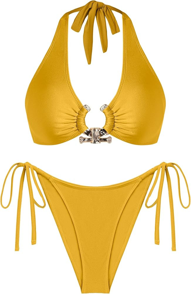 Women Two Piece Bikinis Set Metal Ring Bathing Suit Halter Neck Cheeky High Cut Thong Swimsuit | Amazon (US)