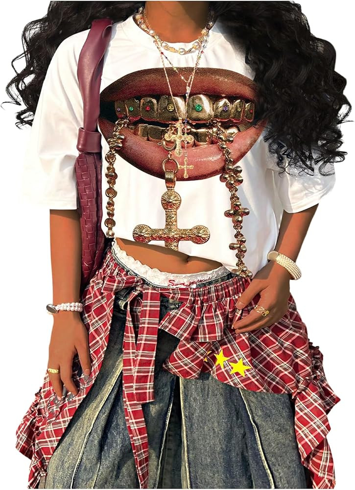 WDIRARA Women's Plus Size Punk Vintage Lip Graphic T Shirt Oversized Short Sleeve Tee Tops Street... | Amazon (US)