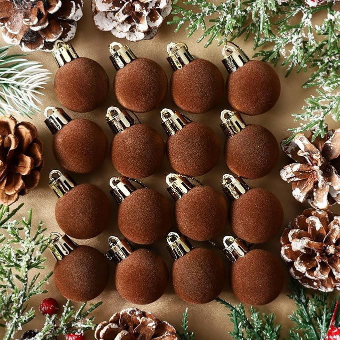 Lenwen 54 Pcs Brown Velvet Christmas Balls Ornaments Bulk 1.18 Inch Mini Neutral Flocked Christma... | Amazon (US)