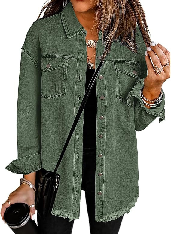 Vetinee Women’s Oversized Button Up Frayed Hem Shacket Long Sleeve Pockets Denim Jean Jacket | Amazon (US)