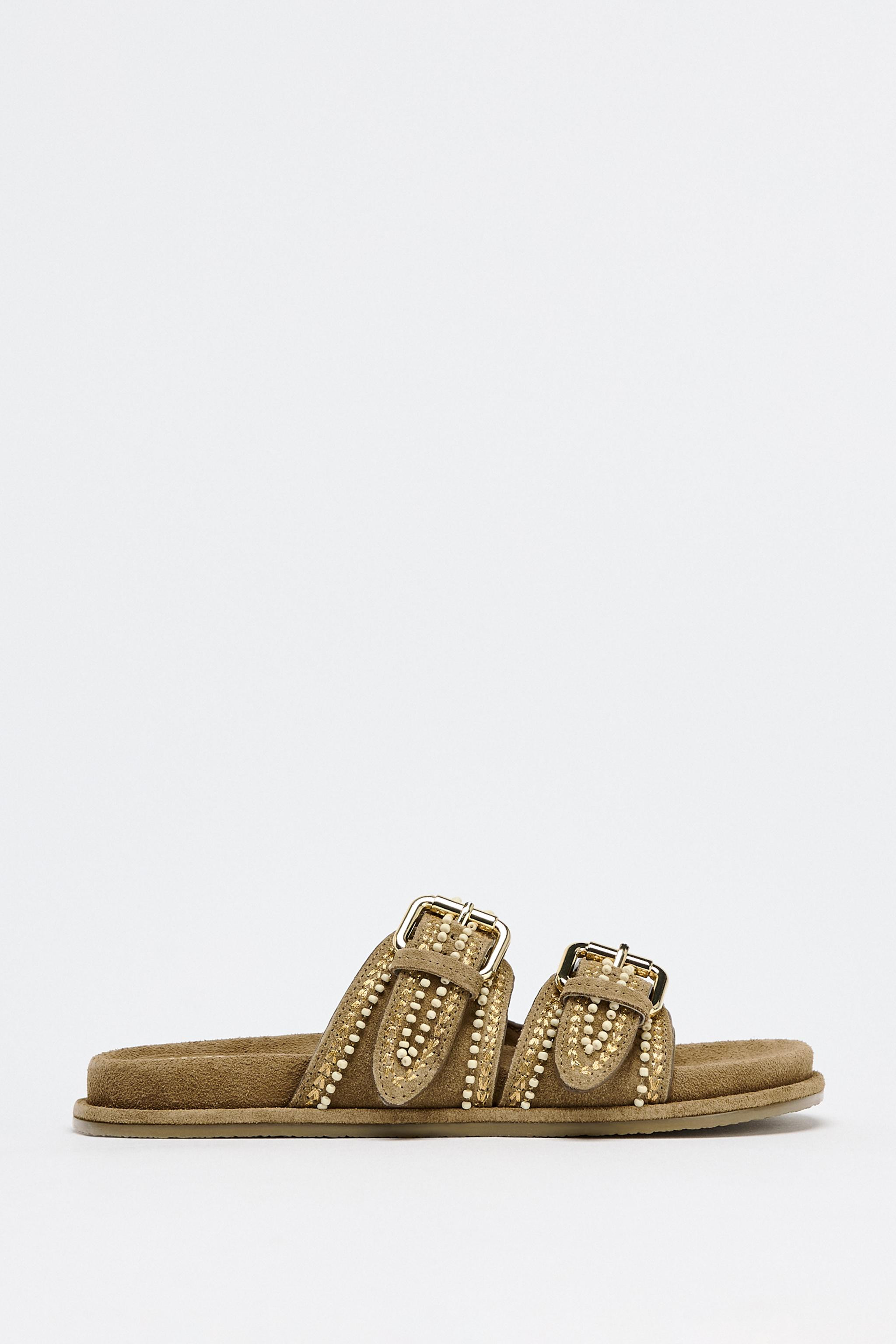 EMBROIDERED SUEDE SLIDE SANDALS | Zara US