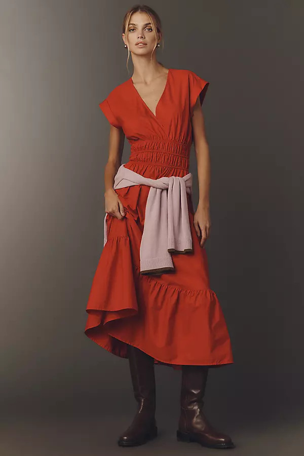 Cap-Sleeve V-Neck Smocked Midi Dress | Anthropologie (US)