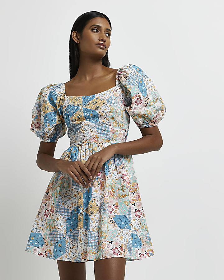 Blue floral smock mini dress | River Island (UK & IE)