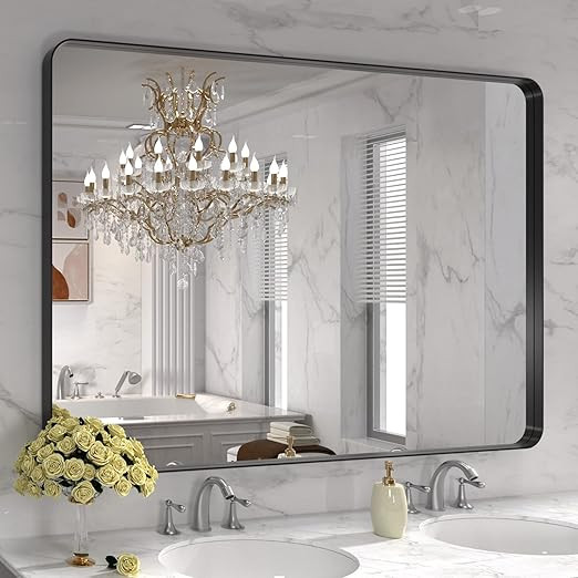 LOAAO 48X32 Inch Black Metal Framed Bathroom Mirror for Wall, Matte Black Bathroom Vanity Mirror ... | Amazon (US)