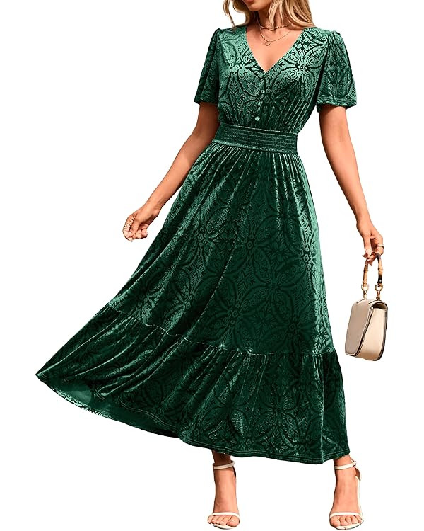 Simplee Womens Fall Velvet Dress Short Sleeve V Neck Floral Maxi Dress Long Formal Winter Wedding... | Amazon (US)