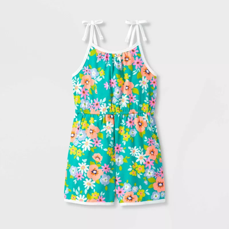 Toddler Girls' Floral Tank Top Romper - Cat & Jack™ Dark Mint 4T | Target