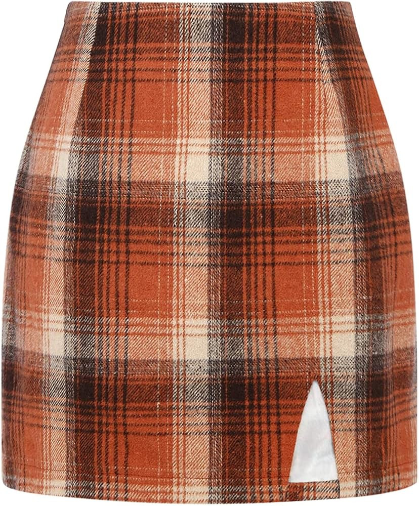 Plaid Mini Skirts for Womens High Waisted Fall Winter Wool Bodycon Pencil Skirts with Slit | Amazon (US)
