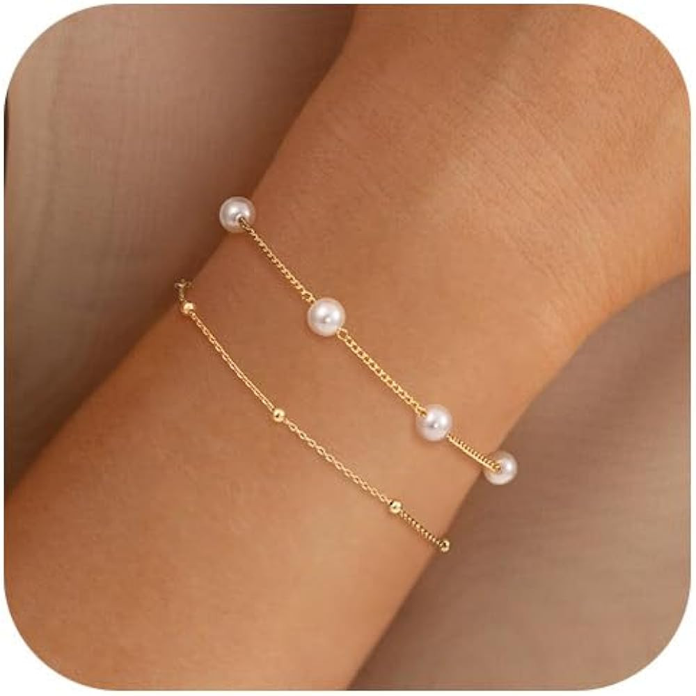 Gold Pearl Bracelets for Women,14K Gold Plated Dainty Bracelets Non Tarnish Tiny Bead Link Chain ... | Amazon (US)
