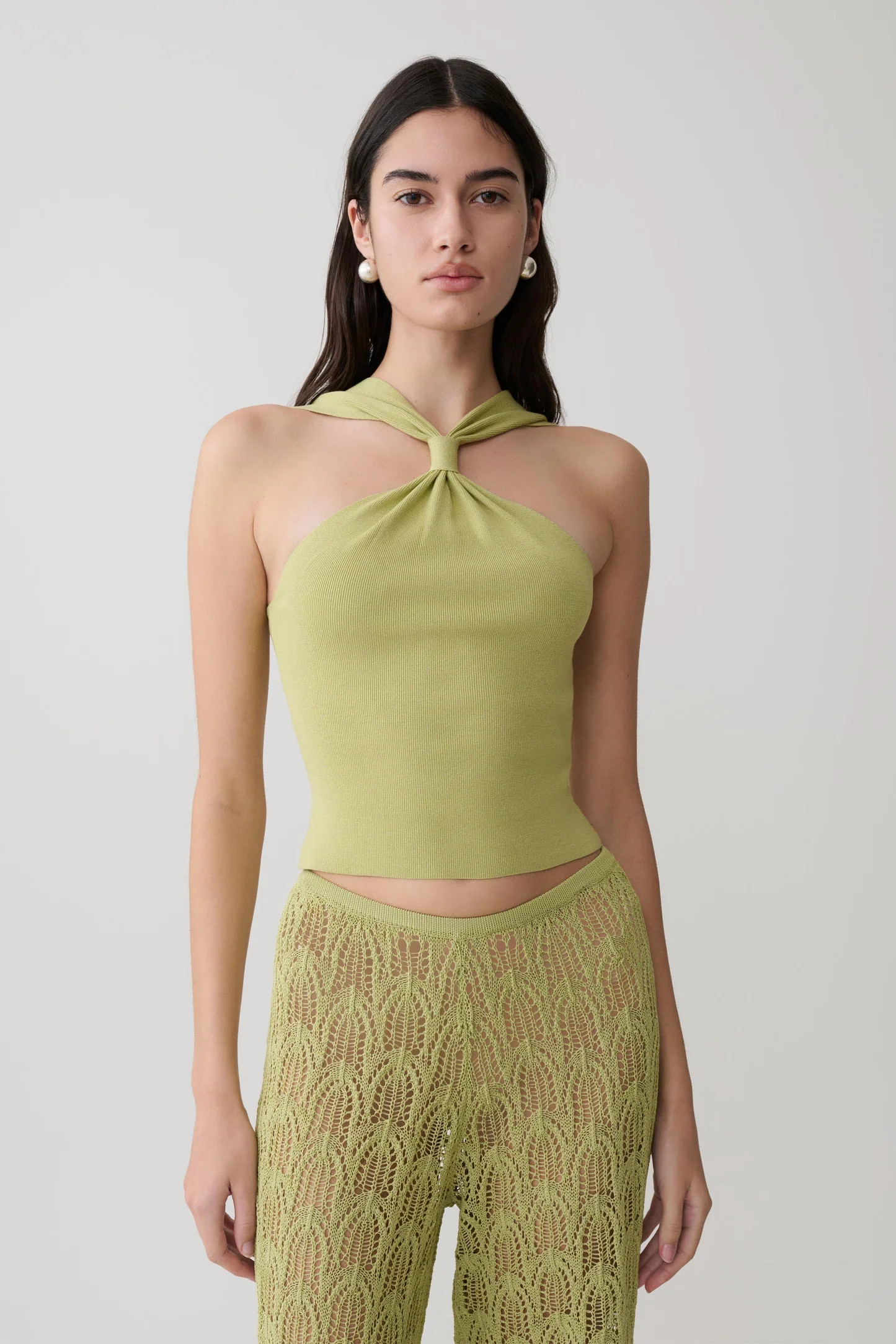 Angelika Twist Front Knit Top - Light Olive | MESHKI US