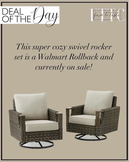 Deal of the Day. Follow @farmtotablecreations on Instagram for more inspiration.

Such a great price on this beautiful set! Love that they swivel! Better Homes & Gardens Sand Crest Steel 4 Piece Conversation Set, 2 Swivel Rocker, Brown. 

Walmart Deals. Walmart Best Sellers. Walmart Flash Deals. Walmart Rollback. Outdoor furniture. Patio finds. Patio furniture. Porch finds. Porch decor. Neutral porch finds  

#LTKHome #LTKStyleTip #LTKSaleAlert