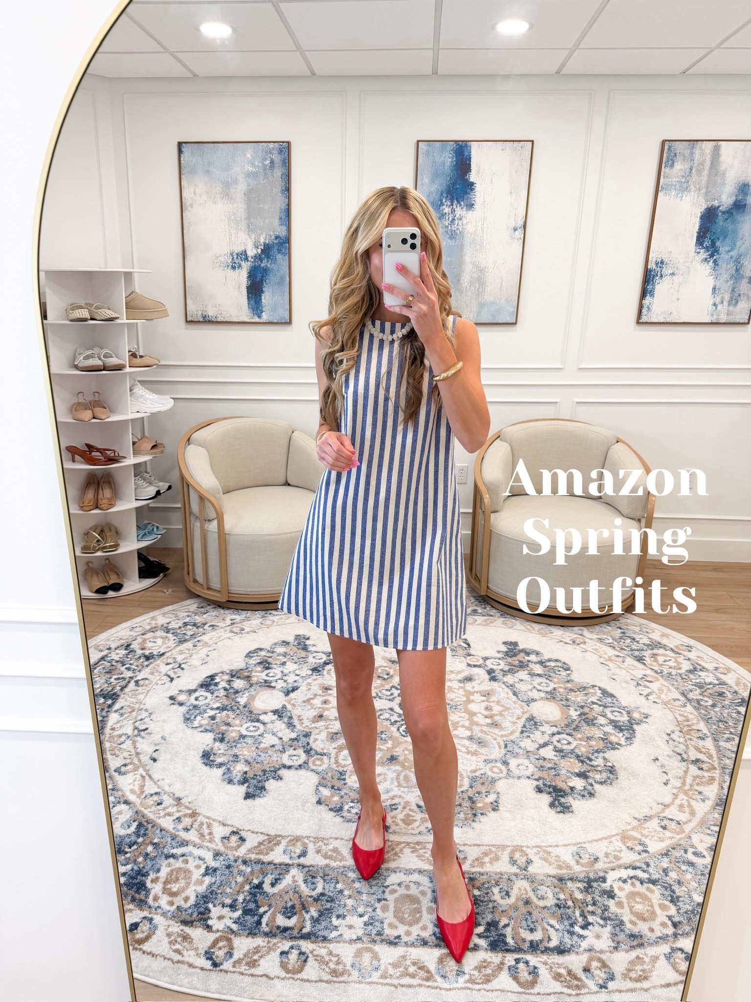 Amazon finds that are so good right now and this blue and white striped linen shift dress is the most perfect spring and summer dress 🤍✨ Classic vertical stripe, sleeveless, an easy A-line silhouette that is so flattering and so effortless — paired with red pointed toe heels and a pearl necklace and this whole look went from simple to completely stunning. The color combination alone is so good. 

#LTKSeasonal #LTKootd #LTKTall