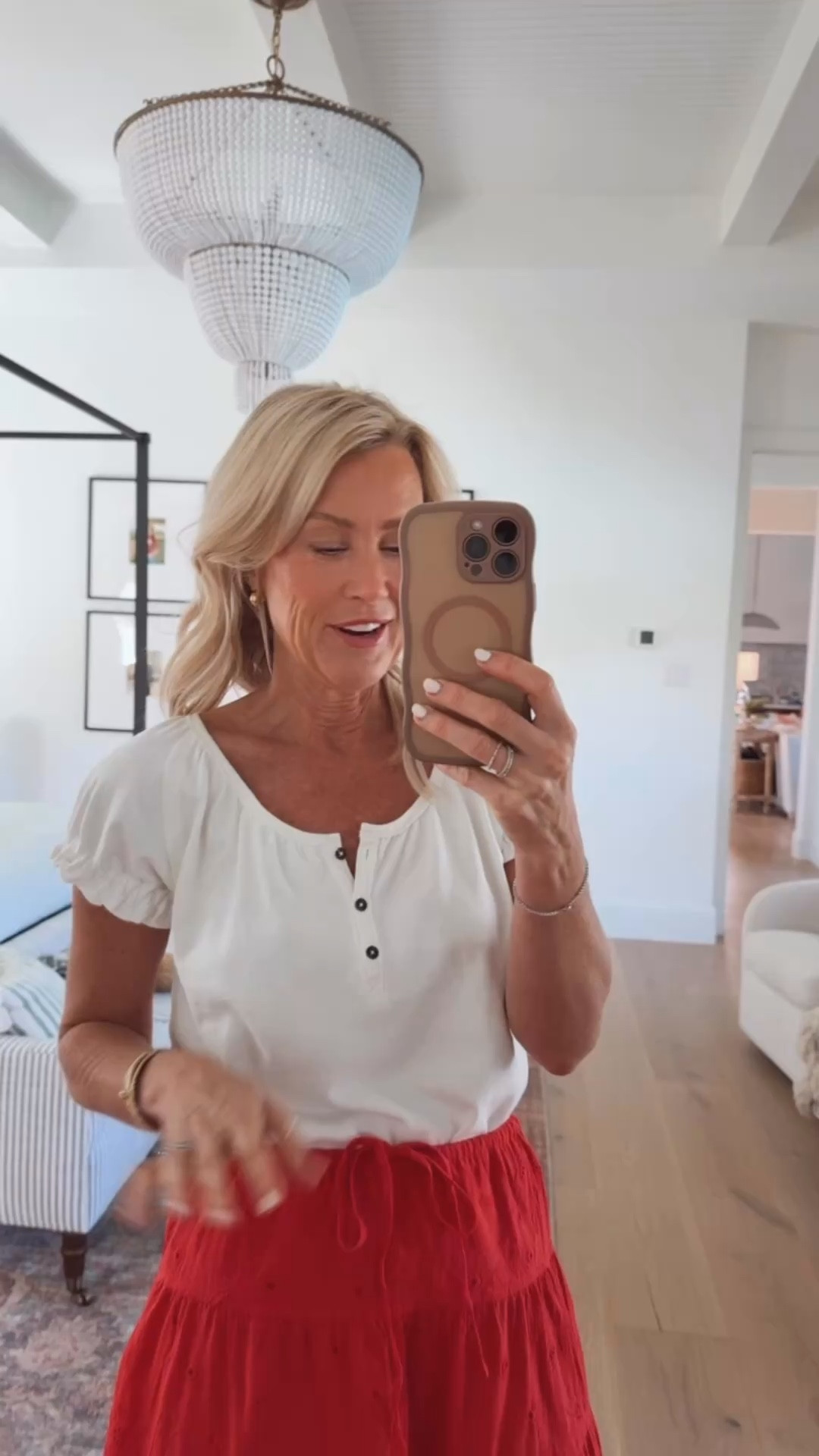 The cutest top with this adorable puppet red maxi skirt! I love everything about this outfit.￼

Top: xs
Skirt: small 

#LTKootd #LTKmorningroutine #LTKOver40