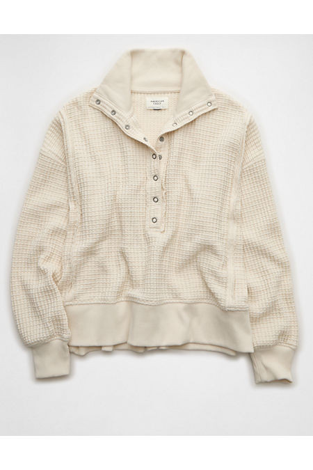 AE Big Hug Waffle Henley Sweatshirt Women's Cream S | American Eagle Outfitters (US & CA)