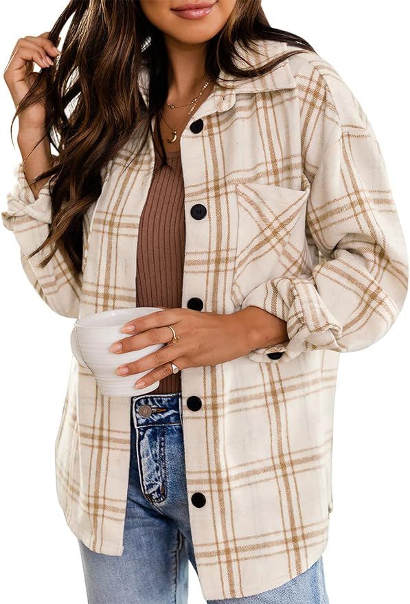 Amazon.com: LOGENE Women Plaid Jacket Casual Long Sleeve Button Up Shirts Coat Tops with Pockets-... | Amazon (US)