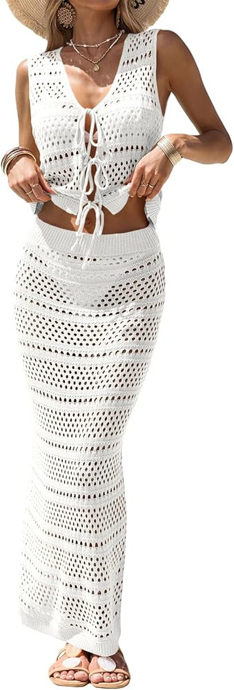 Fisoew Womens Summer Crochet Swim Cover Up 2 Piece Sleeveless Front Tie Crop Tops Beach Maxi Skir... | Amazon (US)