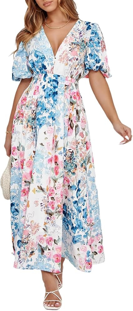 Women's Boho Floral Print Midi Dress Short Sleeve Summer Long Dress | Amazon (US)