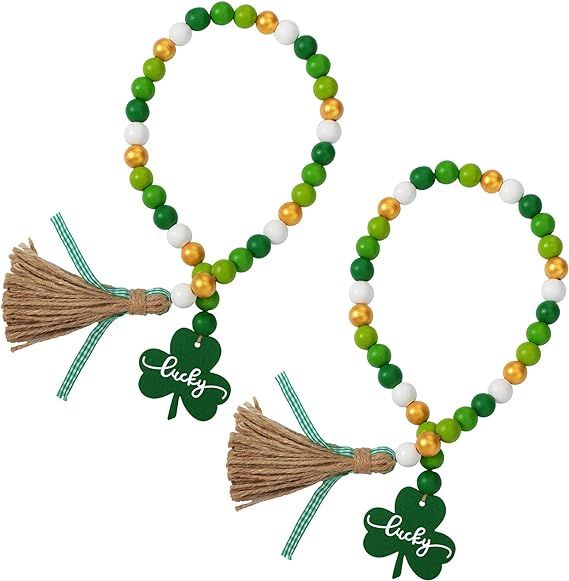 2 Pieces St. Patrick's Day Wood Bead Garlands with Tassel Irish Shamrock Wood Bead Garland with W... | Amazon (US)