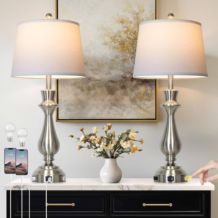 luxeflow Modern Silver Table Lamps Set of 2 for Living Room,30" Tall Bedside Lamp with USB Chargi... | Amazon (US)