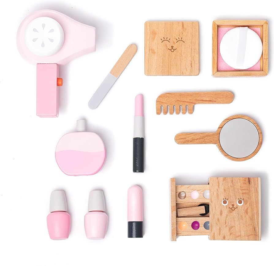umu Wooden Beauty Salon Toys for Girls Makeup Playset 12 Piece Kit with Makeup, Brush, Mirror and... | Amazon (US)