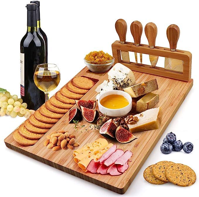 Bamboo Cheese Board Set, Charcuterie Platter and Serving Meat Board Including 4 Stainless Steel K... | Amazon (US)