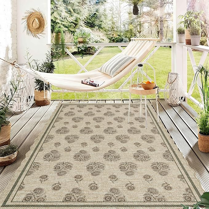 ORTIGIA Scalloped Easy Jute 3x5 Area Rug Vintage Brown Block Floral | Amazon (US)