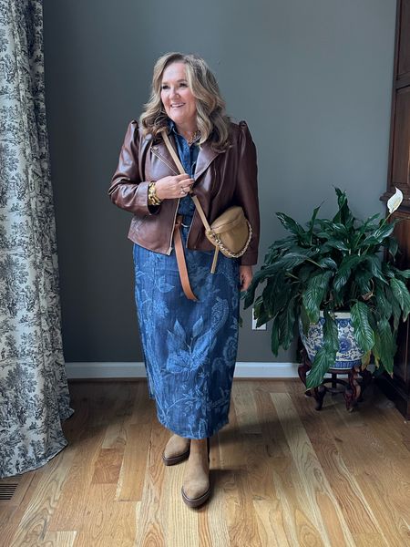 Ready for fall! Transition this Tencel chambray dress for cooler temps. 

Dress you must size up. I’m in a 2.5 petite 
Jacket size 2.5 petite and it’s roomy for layers 
Boots size up 1/2. A great little wedge boot. 
Belt wearing a medium  

#LTKSeasonal #LTKover40 #LTKmidsize