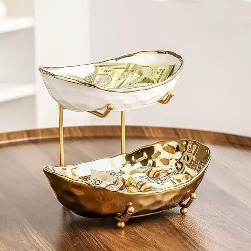 2-Tier Fruit Bowls for Kitchen Counter,Ceramic Bowl with Gold Metal Stand,2 Tier Fruit Basket for... | Amazon (US)