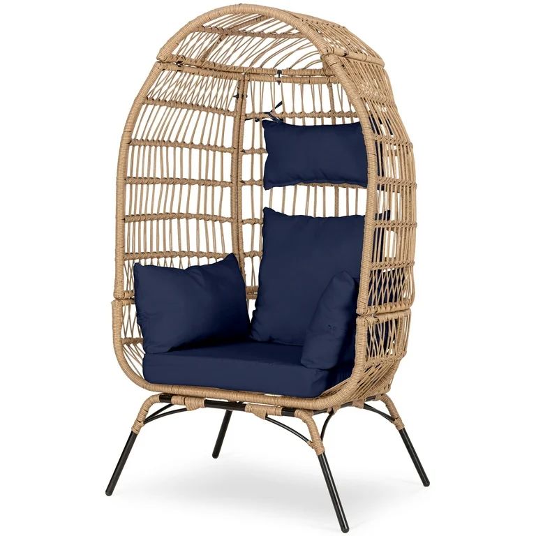 Eclife Rattan Wicker Egg Patio Chair Oversize Metal Lounge Chair with Navy Blue Cushion and Pillo... | Walmart (US)