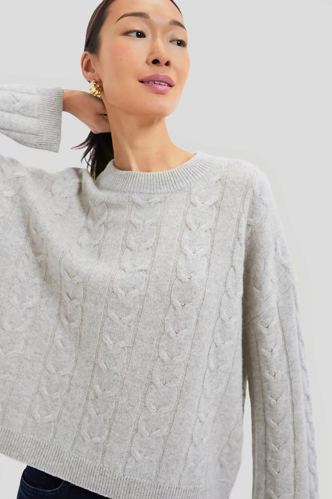 Gray Cashmere Eloise Cable Knit Boyfriend Crewneck | Tuckernuck (US)