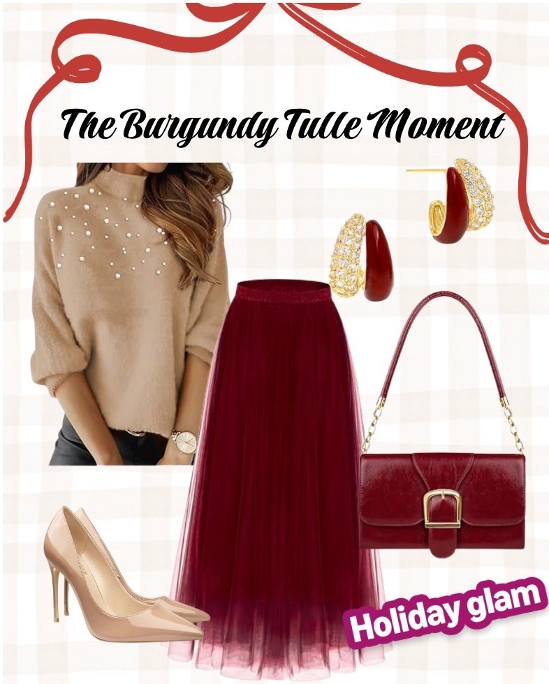 The Burgundy Tulle Moment ✨

This holiday outfit is soft, romantic, and perfect for Christmas parties, church services, date nights, and family photos. The pearl-detail sweater adds a cozy, elevated feel, and the burgundy tulle skirt brings that gorgeous holiday glam without being fussy. Paired with nude heels, a burgundy shoulder bag, and simple gold jewelry, it’s an easy Christmas look that feels feminine and put-together.

All pieces for this Christmas outfit idea are linked below so you can shop the full look.

#LTKHoliday #LTKOver40 #LTKSeasonal