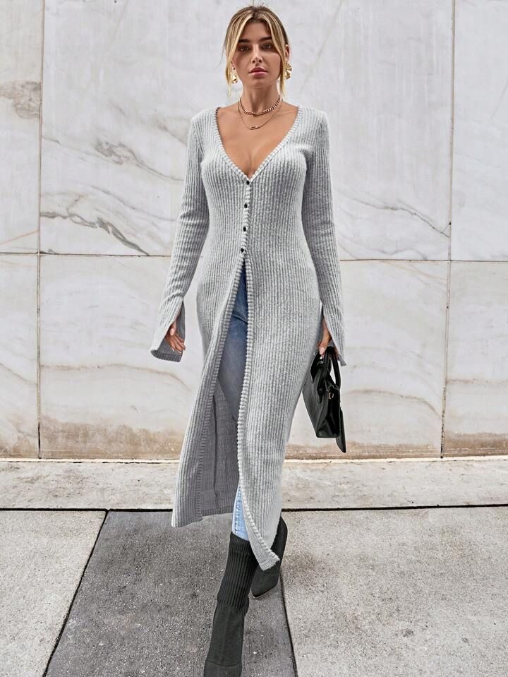 SHEIN Essnce Ribbed Knit Button Front Split Sleeve Longline Coat | SHEIN