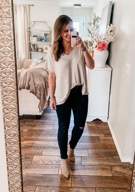 Easy casual outfit for fall! 
Top is PINKLILY & is selling out quickly— on sale (my discount code is Dorothy20 for anything at pinklily) Comes in a few colors. 
Love these black distressed skinny jeans and Amazon ankle boots! 

#LTKSale #LTKunder50 #LTKsalealert