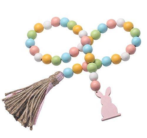 Easter Spring Wood Beaded Garland with Tassels and Bunny Tag Farmhouse Wooden Beads for Tiered Tray Decorations Holiday Country Rustic Prayer Boho Beads Rae Dunn Shelf Décor (Easter Bunny Pink) | Amazon (US)