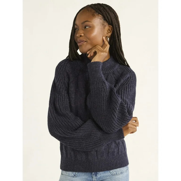 Free Assembly Women’s Mock Neck Cable Knit Sweater, Midweight, Sizes XS-XXL | Walmart (US)